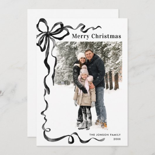Funky Kerstmis Boho Zwarte Strik Lint 2 Foto Feestdagenkaart (Voorkant / Achterkant)