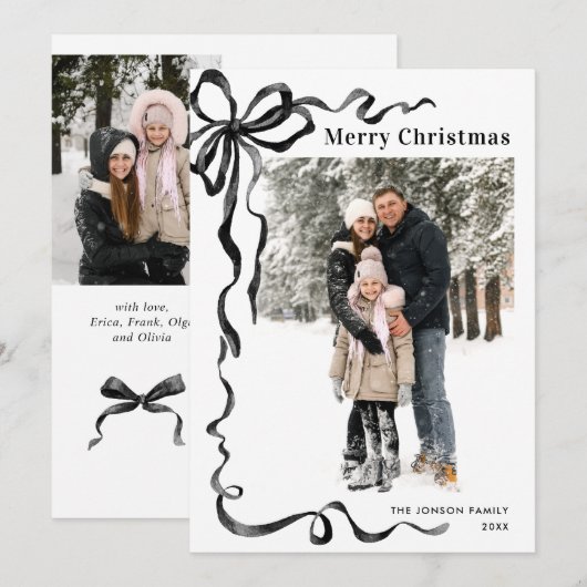 Funky Kerstmis Boho Zwarte Strik Lint 3 Foto Feestdagenkaart (Voorkant / Achterkant)