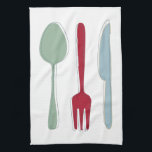 Funky Keukengerei Midden-eeuw Retro Theedoek<br><div class="desc">Deze retro keukenhanddoek,  met zijn keukengerei (vork,  mes en lepel) in een combinatie van rood,  blauw en groen ziet er fantastisch uit aan uw ovendeur.</div>