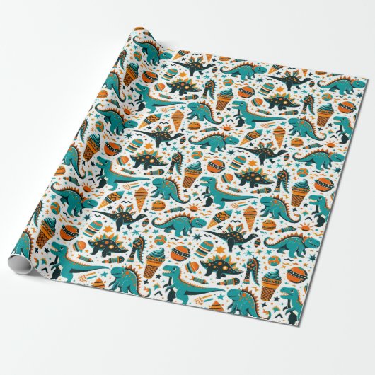 funky Kind Dinoaur patroon Wrapping Paper Cadeaupapier (Uitgerold)