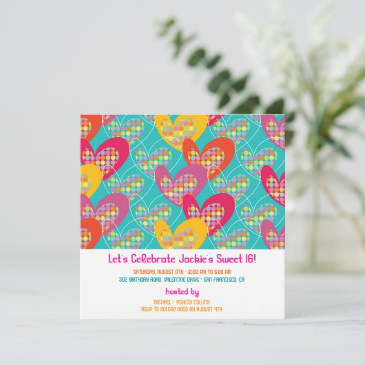 Funky Kleur Retro Pop Harten Meisje Verjaardagsuit Kaart (Staand voorkant)