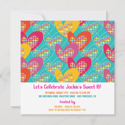 Funky Kleur Retro Pop Harten Meisje Verjaardagsuit Kaart (Voorkant)