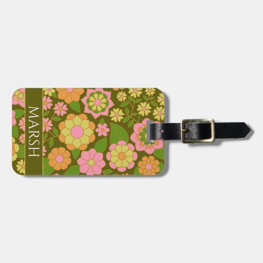 Funky Kleurrijke Aardse Bloemen Patroon - Monogram Bagagelabel (Voorkant horizontaal)