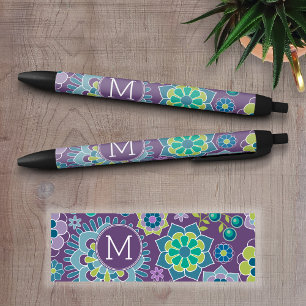 Funky Kleurrijke BloemenMonogram van de Douane van Zwarte Inkt Pen