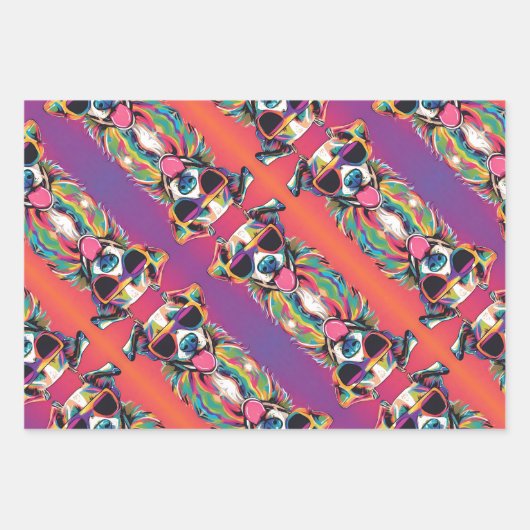 Funky kleurrijke hond met zonnebril neon inpakpapier vel (Voorkant 2)
