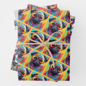 Funky kleurrijke hond met zonnebril neon inpakpapier vel (In situ)