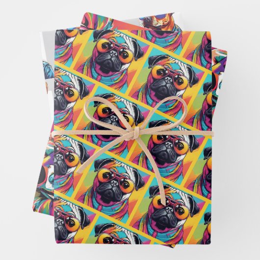 Funky kleurrijke hond met zonnebril neon inpakpapier vel (In situ)