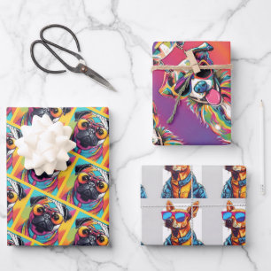 Funky kleurrijke hond met zonnebril neon inpakpapier vel