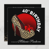 Funky Leopard Stiletto 40th Birthday Black red Kaart (Voorkant / Achterkant)