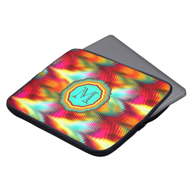 Funky, levendig regenboogmonogram laptop sleeve (Voorkant top)