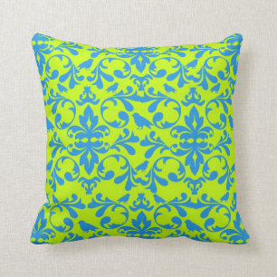 funky limoengroene helder blauwe vogel damast patr kussen