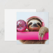 Funky Luiaard met Roze Hoofdtelefoon en Disco Ball Feestdagenkaart (Voorkant / Achterkant)