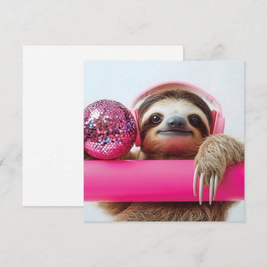 Funky Luiaard met Roze Hoofdtelefoon en Disco Ball Feestdagenkaart (Voorkant / Achterkant)