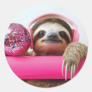 Funky Luiaard met Roze Hoofdtelefoon en Disco Ball Ronde Sticker