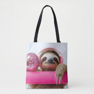 Funky Luiaard met Roze Hoofdtelefoon en Disco Ball Tote Bag