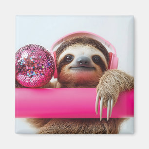 Funky luiaard met roze koptelefoon en discobal magneet