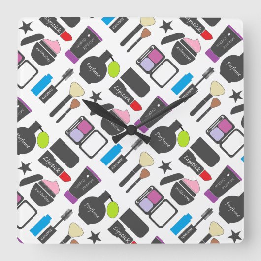 Funky Makeup Cosmetics Collage Pattern Vierkante Klok (Voorkant)