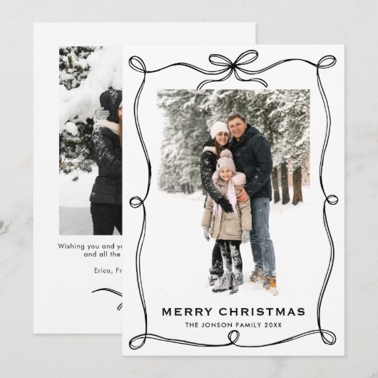 Funky Merry Christmas Black Bow Ribbon 2 Photo Feestdagenkaart (Voorkant / Achterkant)