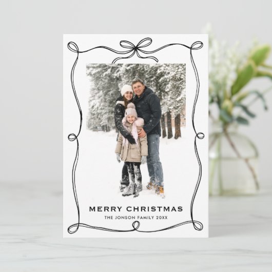 Funky Merry Christmas Black Bow Ribbon 2 Photo Feestdagenkaart (Staand voorkant)