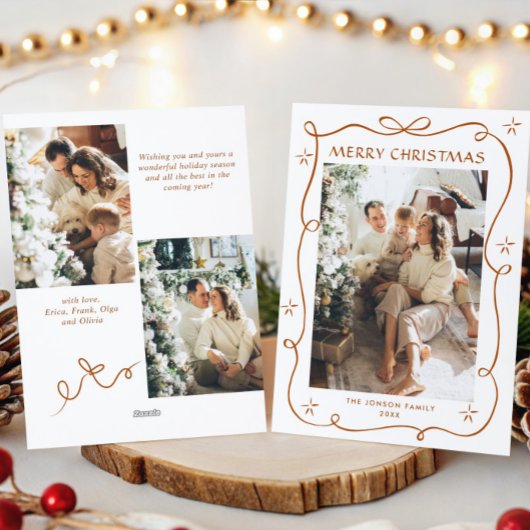 Funky Merry Christmas Boho Bow Ribbon 3 Photo Feestdagenkaart