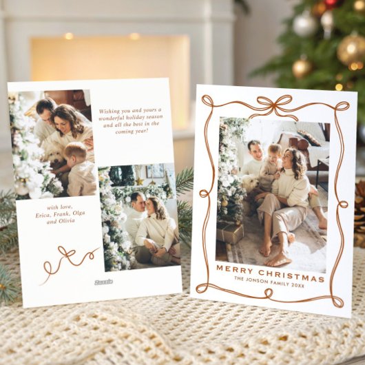 Funky Merry Christmas Boho Bow Ribbon 3 Photo Feestdagenkaart