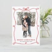Funky Merry Christmas Boho Red Bow Ribbon 2 Photo Feestdagenkaart (Staand voorkant)