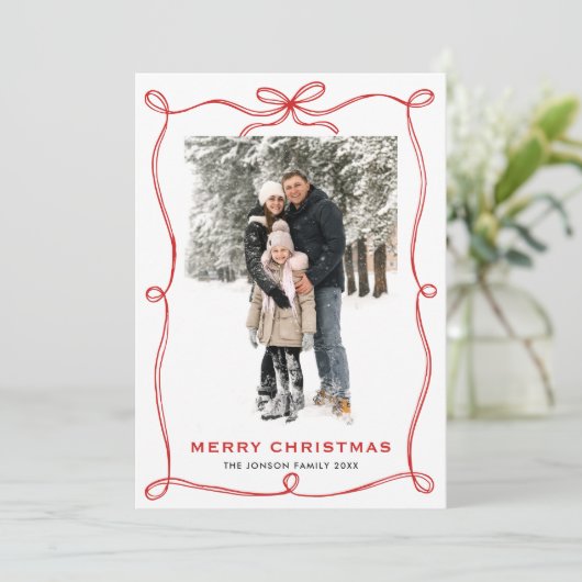 Funky Merry Christmas Boho Red Bow Ribbon 2 Photo Feestdagenkaart (Staand voorkant)