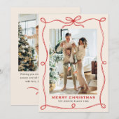 Funky Merry Christmas Boho Red Bow Ribbon 2 Photo Feestdagenkaart (Voorkant / Achterkant)