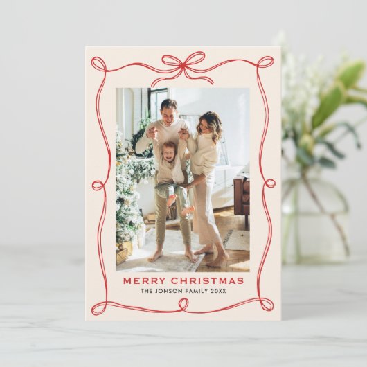 Funky Merry Christmas Boho Red Bow Ribbon 2 Photo Feestdagenkaart (Staand voorkant)