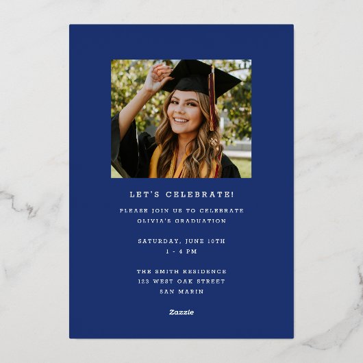 Funky Modern Blue Gold Afstuderen aangekondigd Folie Uitnodiging (Achterkant)