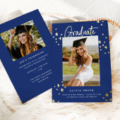 Funky Modern Blue Gold Afstuderen aangekondigd Folie Uitnodiging
