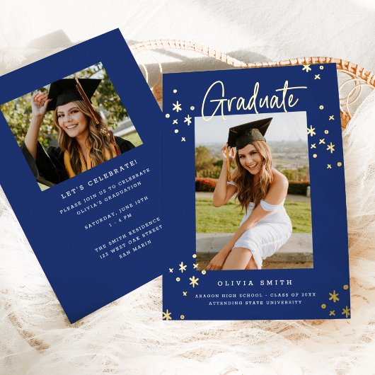 Funky Modern Blue Gold Afstuderen aangekondigd Folie Uitnodiging