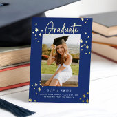 Funky Modern Blue Gold Afstuderen aangekondigd Folie Uitnodiging