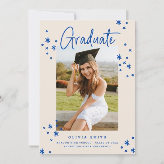 Funky Modern Bright Blue Afstuderen aangekondigd Kaart (Voorkant)