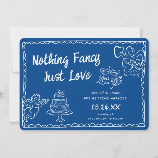 Funky Modern Niets Fancy Hand-Drawn Blue Wedding Save The Date (Voorkant)