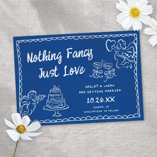 Funky Modern Niets Fancy Hand-Drawn Blue Wedding Save The Date