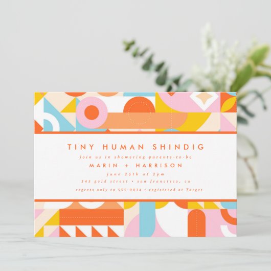 Funky Modern Oranje Tiny Human Shindig Baby shower Kaart (Staand voorkant)
