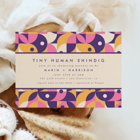 Funky Modern Paarse Tiny Human Shindig Baby shower Kaart