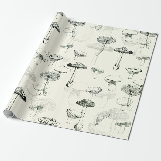 Funky Modern Retro Sage Groene Paddenstoelen Cadeaupapier (Uitgerold)