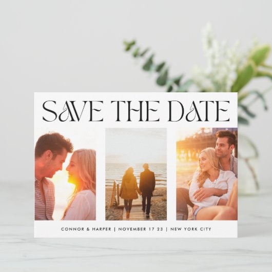 FUNKY MODERN TEKST | Drie multi-foto's Save The Date (Staand voorkant)