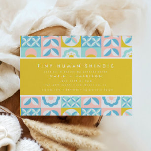 Funky Modern Yellow Tiny Human Shindig Baby shower Kaart