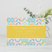 Funky Modern Yellow Tiny Human Shindig Baby shower Kaart (Staand voorkant)