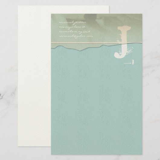 Funky Monogram Stationery Roos Petal Aqua Blue Briefpapier (Voorkant / Achterkant)