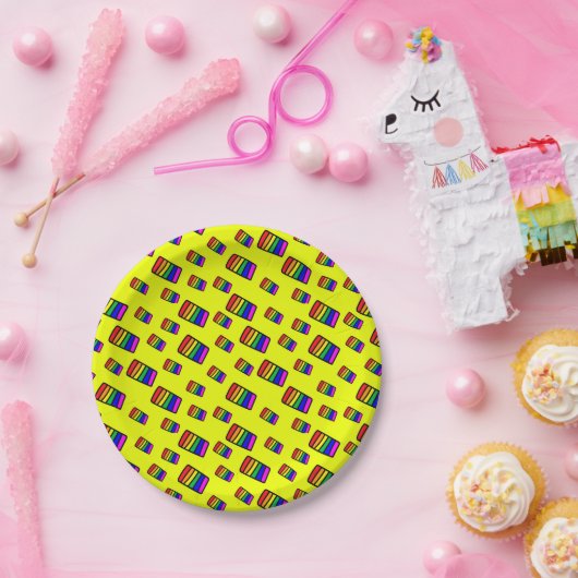 Funky Neon Rainbow Block Patroon Papieren Bordje (Feest)