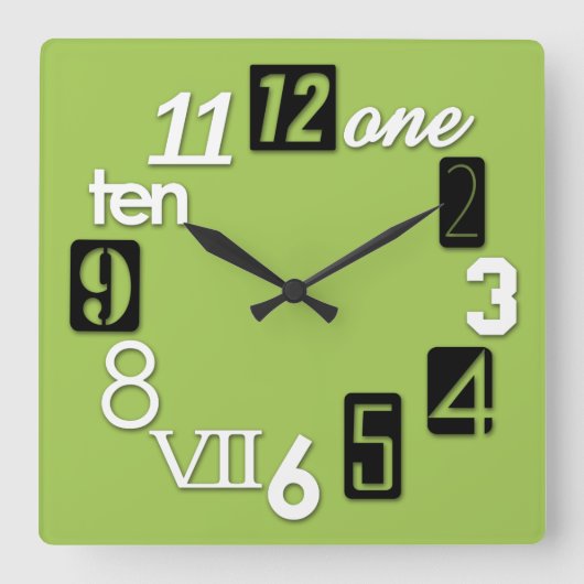 Funky Numbra Square Lime Green Wall Clocks Vierkante Klok (Voorkant)