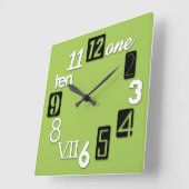 Funky Numbra Square Lime Green Wall Clocks Vierkante Klok (Hoek)