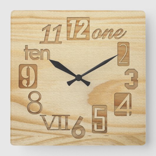 Funky Numbra "Wood grain" Square Wall Clocks Vierkante Klok (Voorkant)
