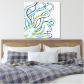 Funky Octopus Ink Blue Oranje Canvas Afdruk (Insitu (Slaapkamer))