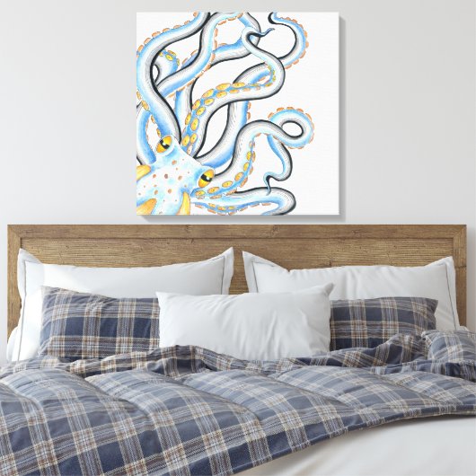 Funky Octopus Ink Blue Oranje Canvas Afdruk (Insitu (Slaapkamer))