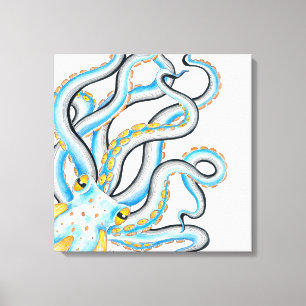 Funky Octopus Ink Blue Oranje Canvas Afdruk